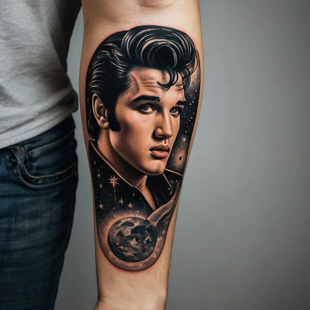 Realistic portrait tattoo of a 1950s rock icon with cosmic elements and a moon, set on an inner forearm.