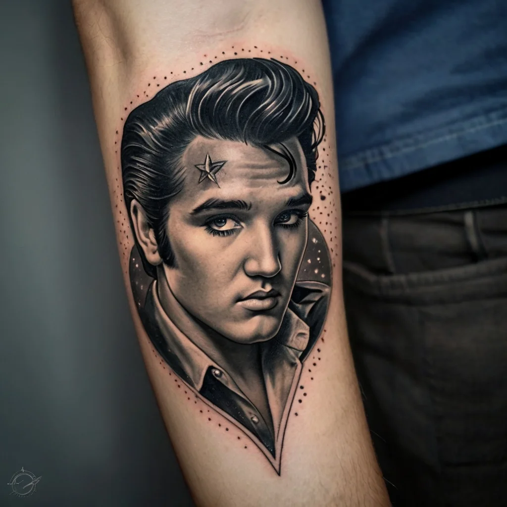 Realistic black and gray portrait tattoo of a young man with a star on his forehead, framed by dotwork details.