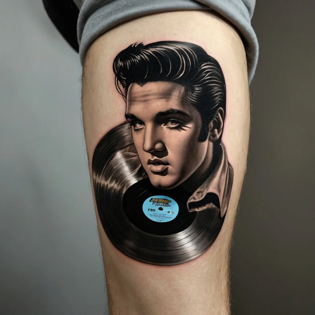 Tattoo of a vintage vinyl record blending into a stylized portrait of a 1950s male icon with slicked-back hair.