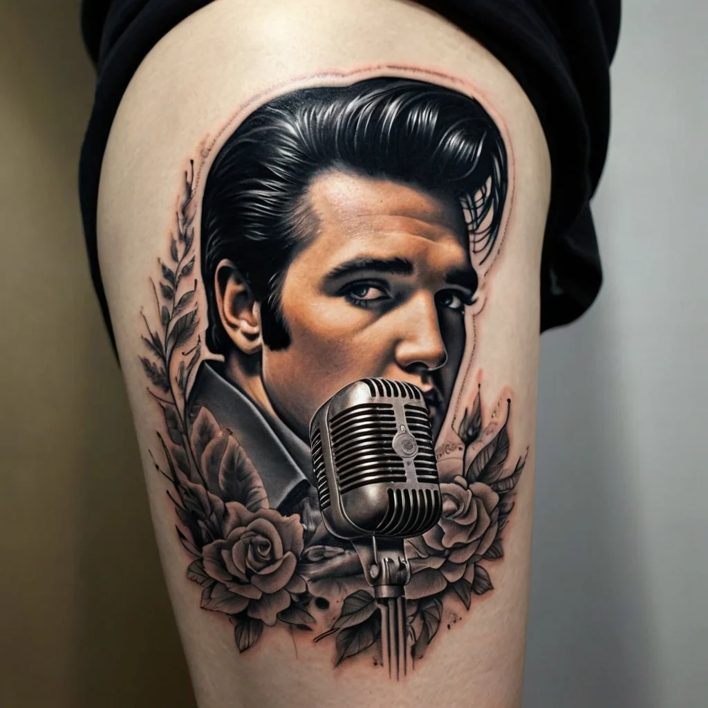 Realistic tattoo of a classic microphone, surrounded by roses and leaves, with a portrait of a man in vintage style.