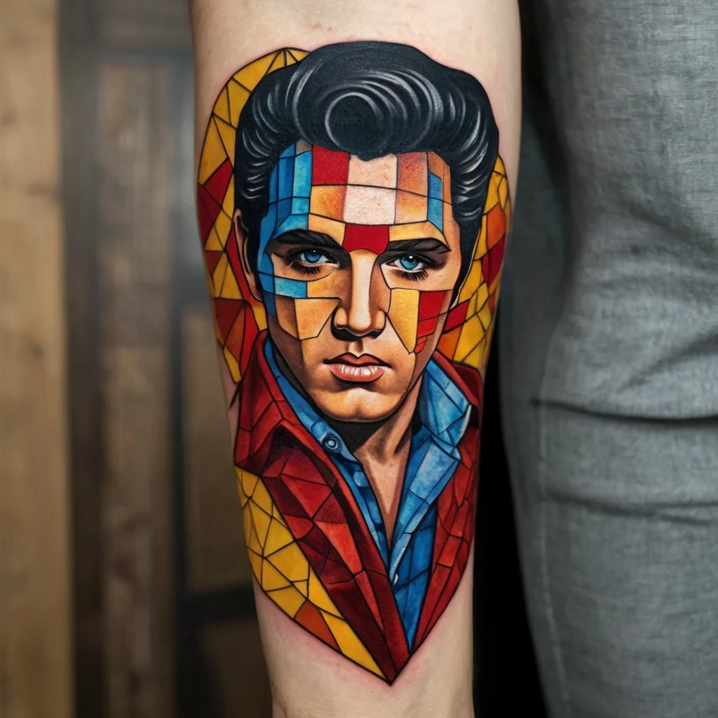 Tattoo design features a vibrant, geometric portrait in cubist style, using bold red, blue, and yellow hues.