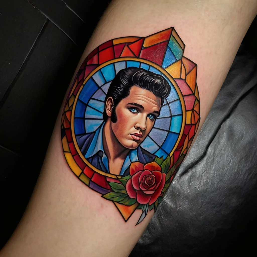 Portrait tattoo with stained glass effect, blue hues, and red rose detail, showcasing vintage style craftsmanship.