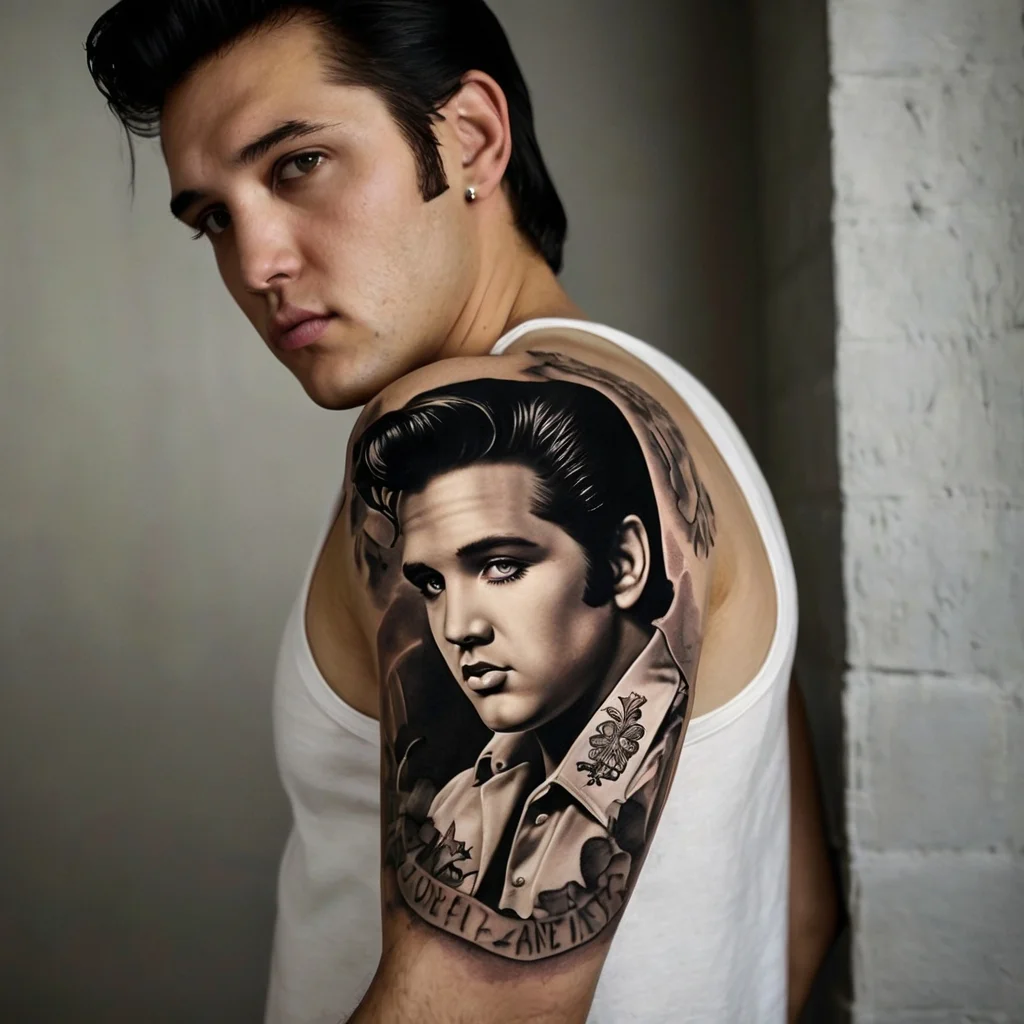 Realistic black and grey tattoo of a classic musician's portrait on the shoulder, detailed with shading and depth.