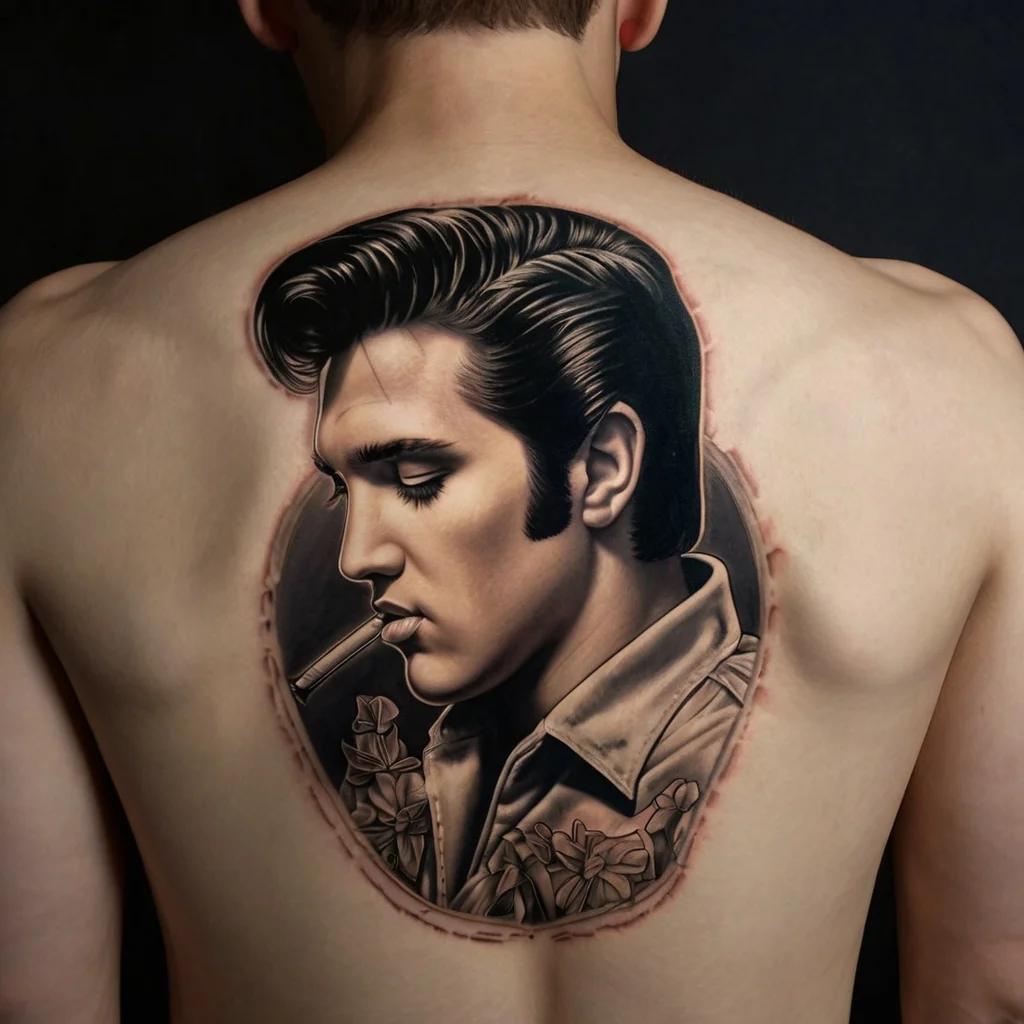 Realistic back tattoo of a man with slicked-back hair smoking, surrounded by flowers and detailed shading.