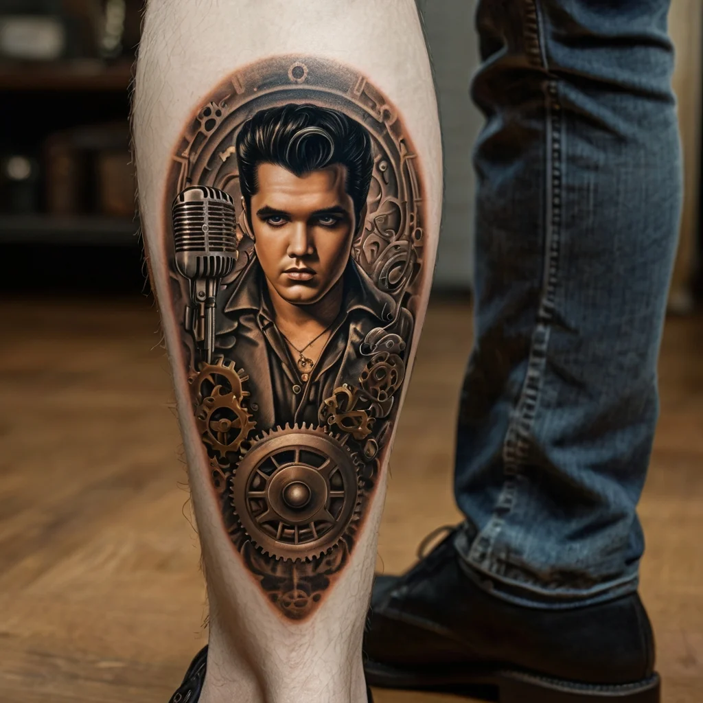 A steampunk-inspired tattoo with a classic singer's portrait, ornate gears, and vintage microphone on the leg.