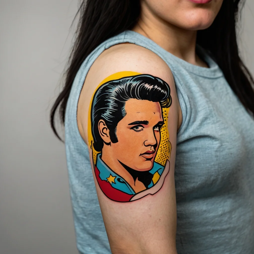 Colorful pop art tattoo of a classic rock 'n' roll icon with slicked hair, vibrant tones, and bold outlines.