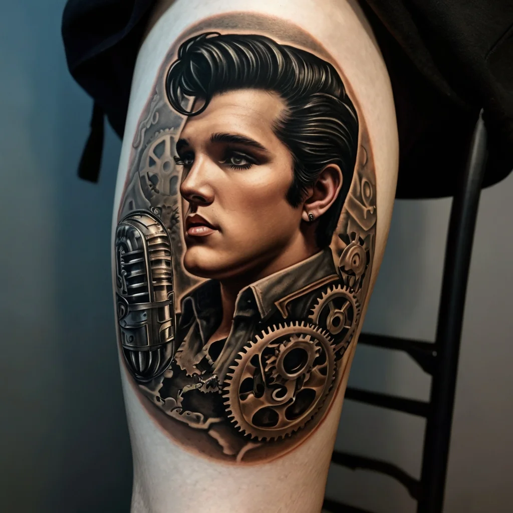 Realistic tattoo of a singer with a vintage microphone and gears, blending music and mechanics on the skin.