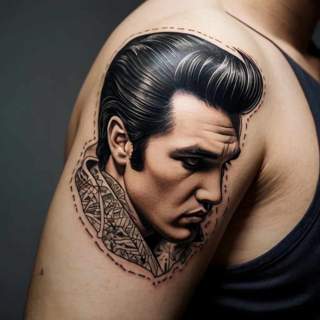 Realistic portrait tattoo of a man with slick hair and angular features, framed by detailed geometric patterns.