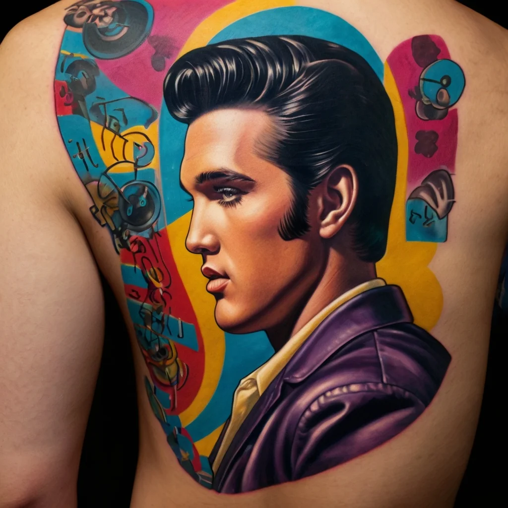 Colorful portrait tattoo on back, featuring a stylized 50s icon surrounded by vibrant abstract elements.