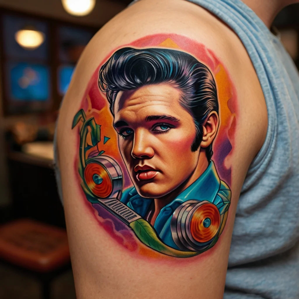 Colorful tattoo featuring a stylized portrait of a man with a quiff, surrounded by records and musical elements.