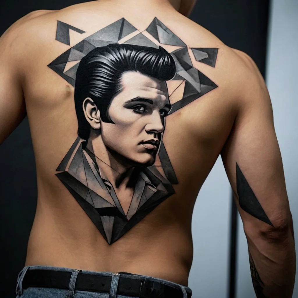 Geometric style back tattoo featuring a grayscale portrait, framed by sharp triangles and abstract shapes.