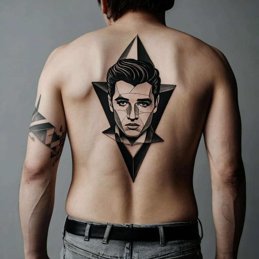 Geometric tattoo on back featuring a detailed face within a star, using bold lines and shading for a 3D effect.