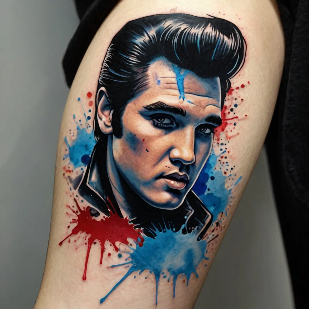 Portrait tattoo of a rock legend with black hair, detailed shading, and vibrant red and blue watercolor splashes.