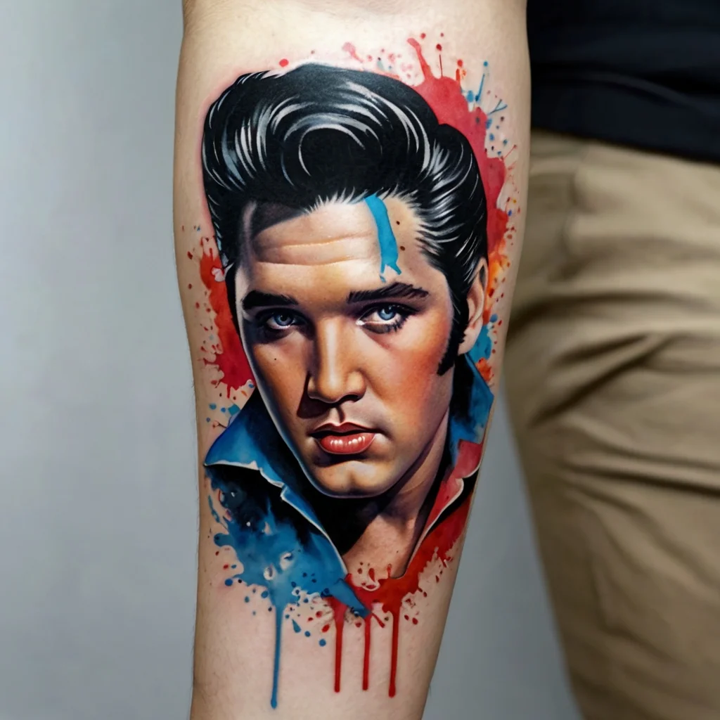 Realistic tattoo portrait with vivid blue and red watercolor splashes, featuring a stylish man with dark hair.