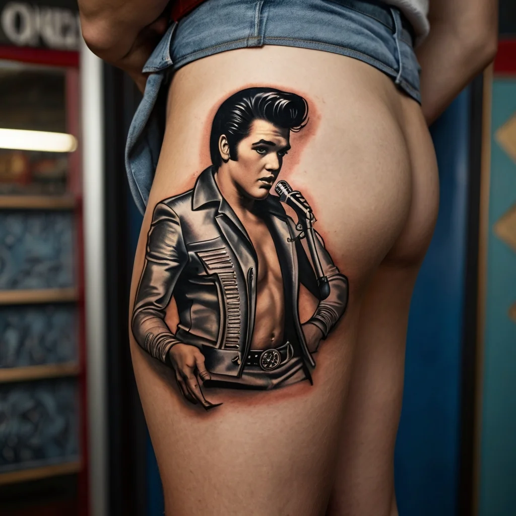 A realistic tattoo of a vintage singer in a leather jacket and slicked hair, holding a microphone, on the thigh.