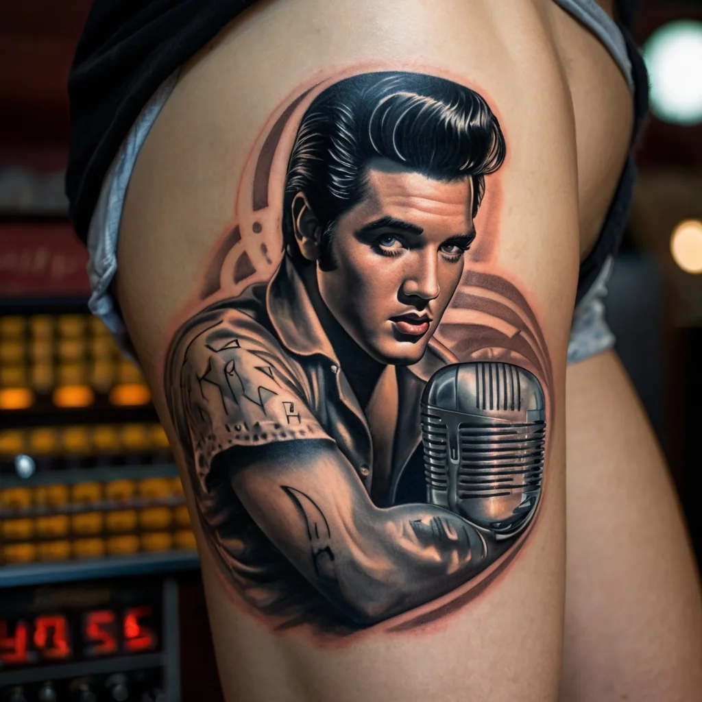 Realistic tattoo of a 1950s singer with slicked hair and vintage microphone, capturing classic rock 'n' roll vibes.