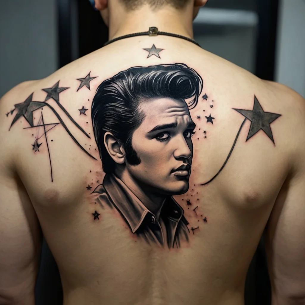 Realistic black and gray portrait tattoo of a famous musician, with stars and subtle shading across the upper back.