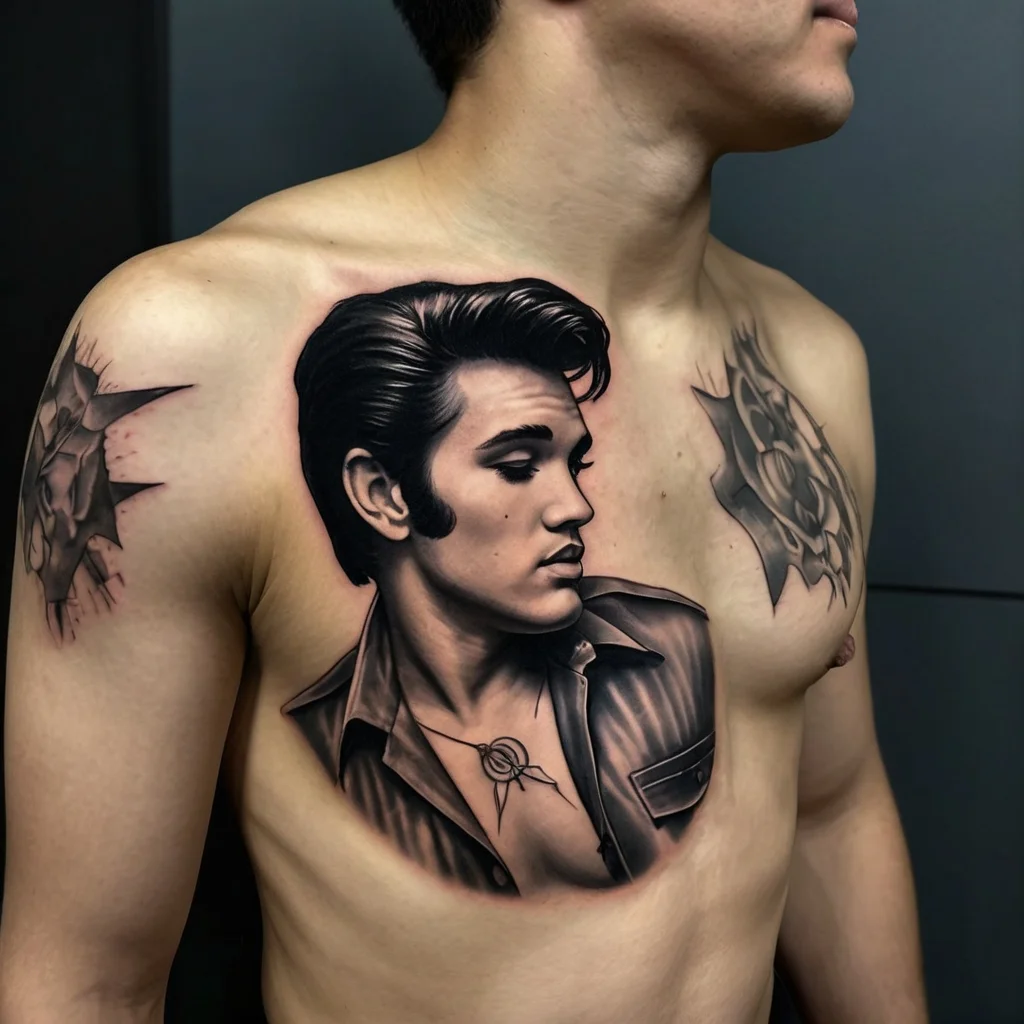 Realistic black and gray portrait tattoo on chest depicting man in a vintage shirt. Sun and moon motifs on shoulders.