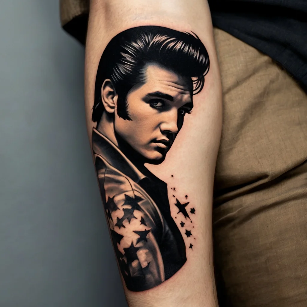 Realistic portrait tattoo of a man with stylized stars on the shoulder, emphasizing vintage rock and roll vibes.