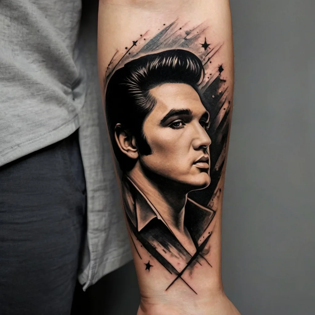 Realistic tattoo of a man's portrait with retro hairstyle, set against a dynamic background of stars and brush strokes.