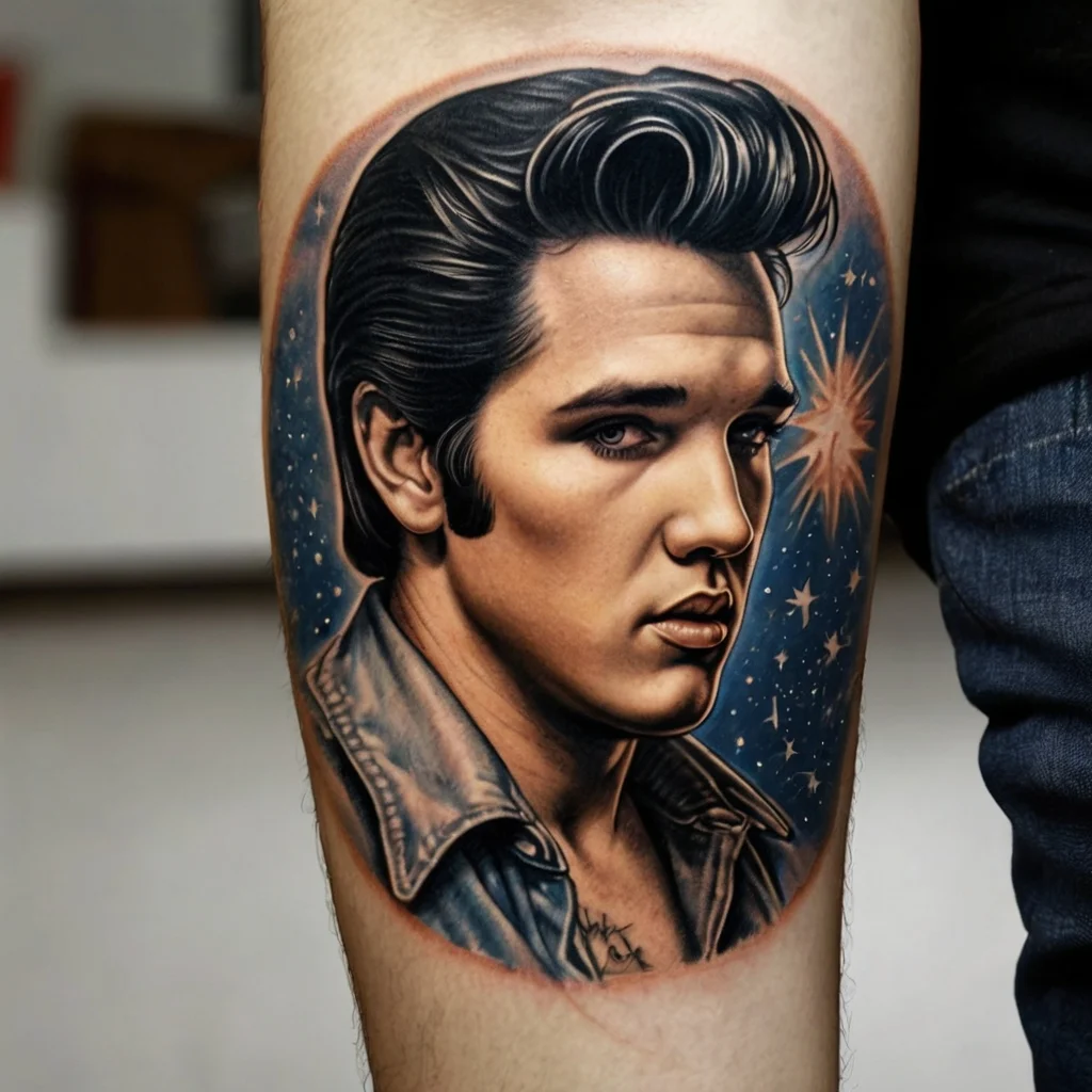 Realistic portrait tattoo in vibrant colors featuring a man with styled hair, surrounded by stars on a cosmic background.