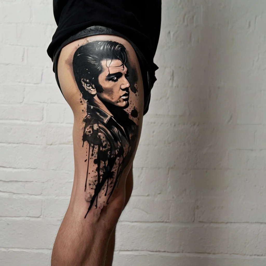 Black and gray tattoo on thigh of 1950s style portrait with ink splatter effect, creating a dynamic and classic look.