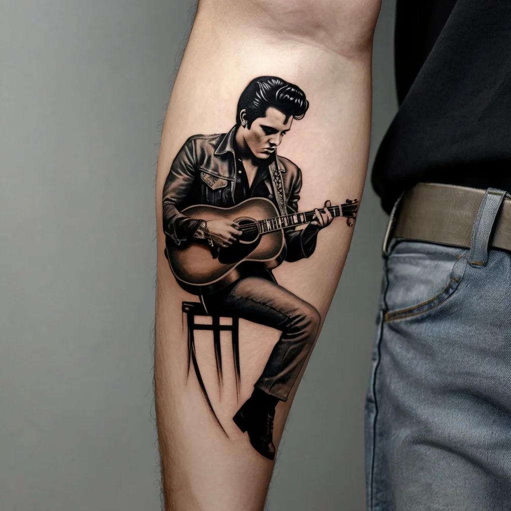 Realistic tattoo of a musician with guitar, detailed in black and gray on the forearm, showcasing a classic pose.