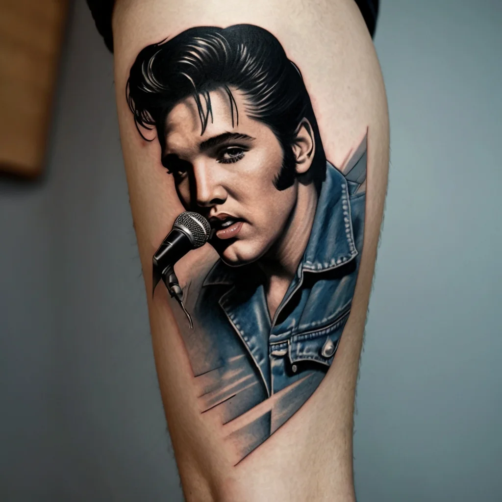 Portrait tattoo of a singer in a denim jacket with a microphone, featuring striking realism and rich shading.