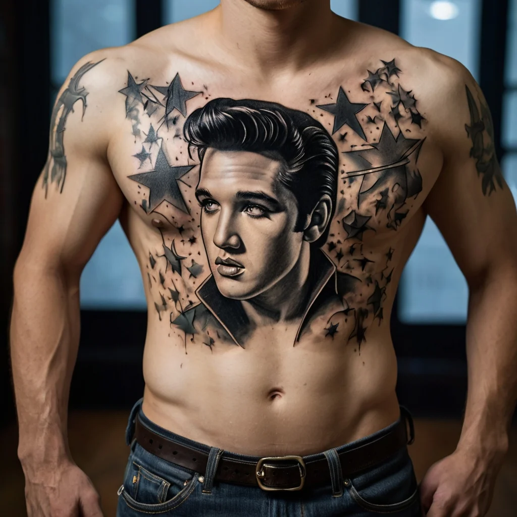 Black and gray portrait tattoo of a man surrounded by stars on the chest, emphasizing realistic shading and vintage style.