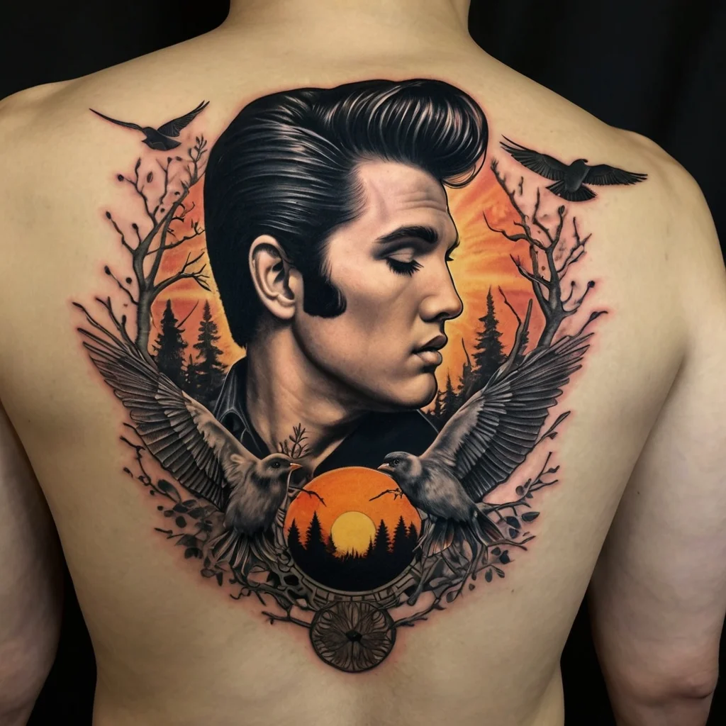 Realistic portrait of a musician with sunset, trees, and birds, symbolizing freedom and nostalgia on the back.