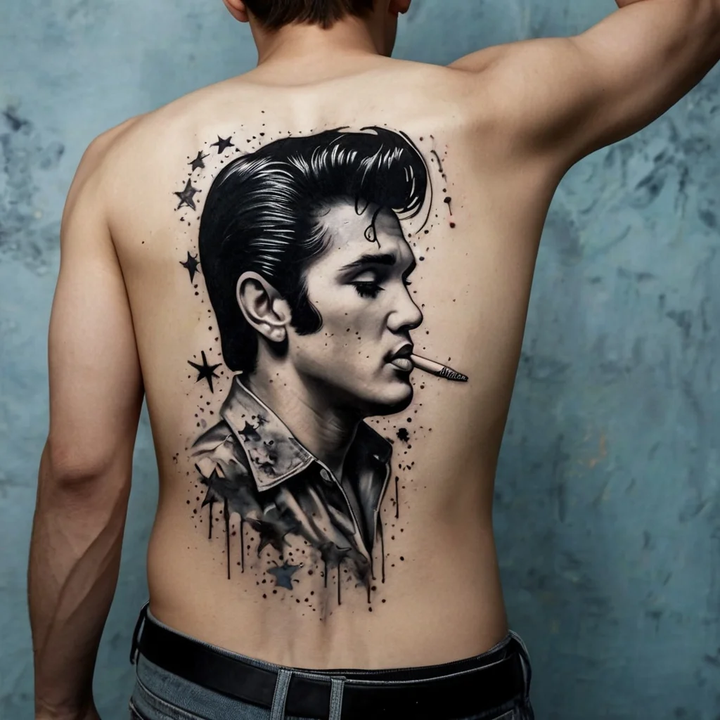 Realistic tattoo of a man with a classic hairstyle, smoking, surrounded by stars and splatter effect on the back.