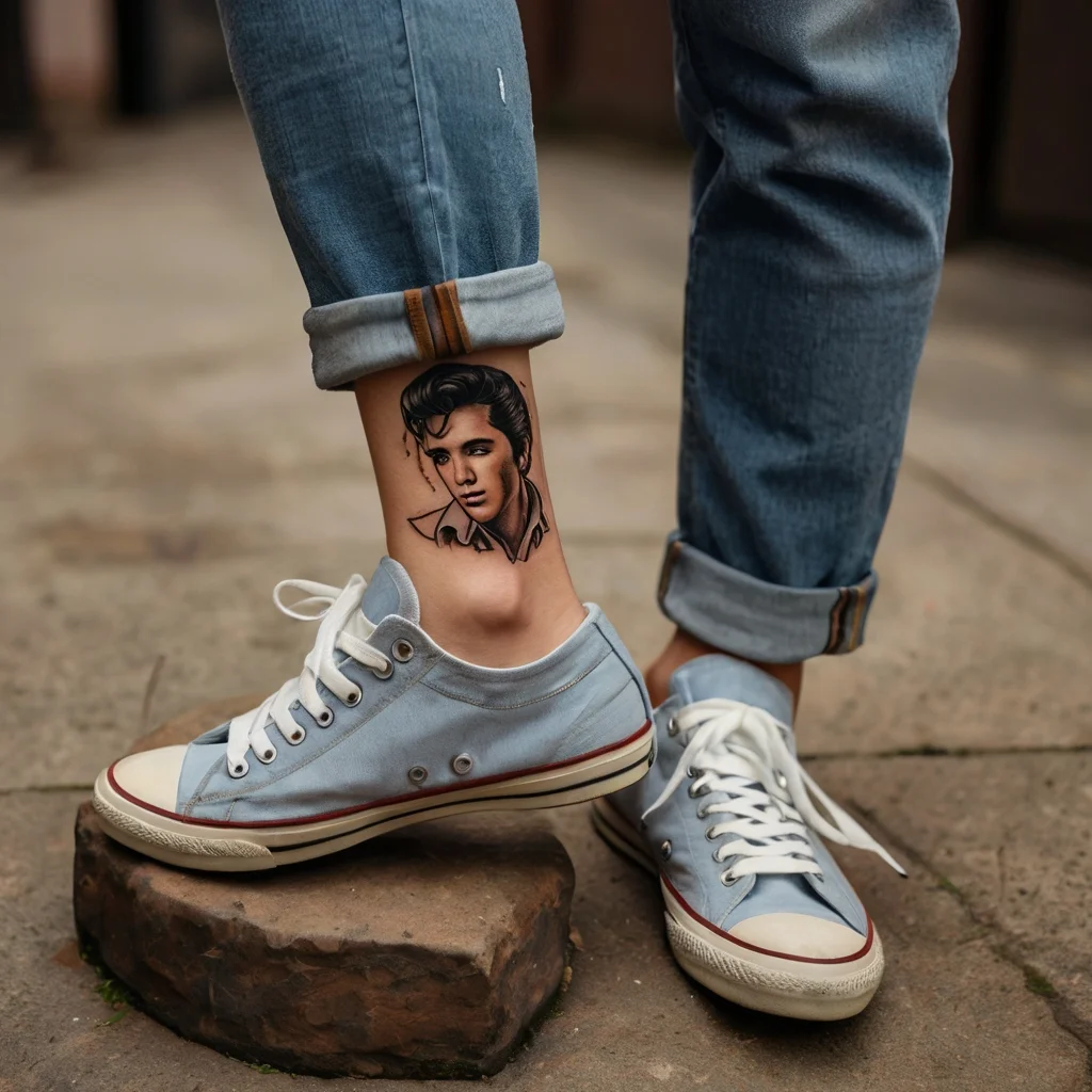 Tattoo depicting a vintage portrait of a classic 20th-century celebrity on the ankle, detailed in black and gray.