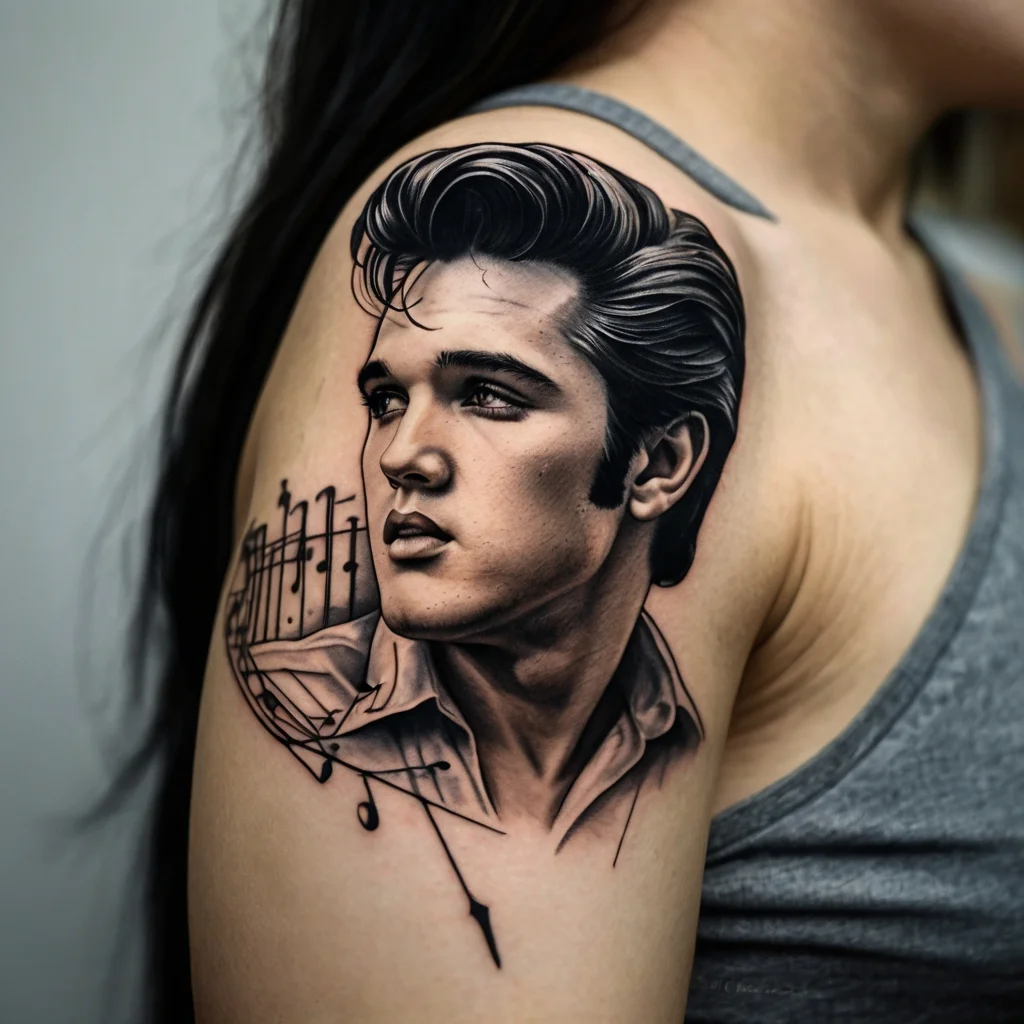 Realistic shoulder tattoo of a man with a quiff hairstyle and musical notes, signifying a musical legend.