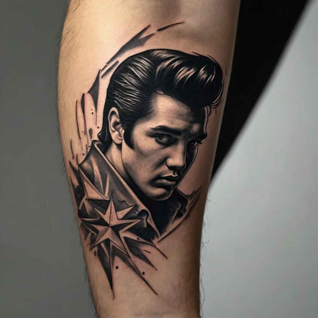 Black and gray tattoo of a man with slicked-back hair, wearing a collared jacket, stylized with dynamic star elements.