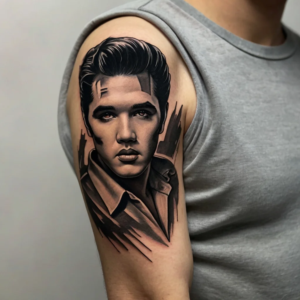 Realistic black and grey tattoo on arm depicting a man with slicked-back hair and a serious expression.