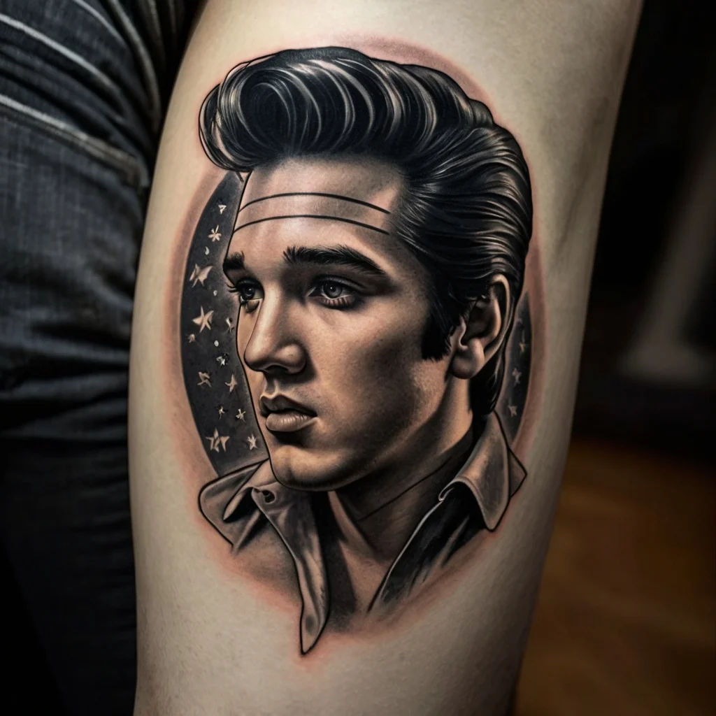 Realistic grayscale portrait tattoo of a man with a classic hairstyle, set against a starry background.