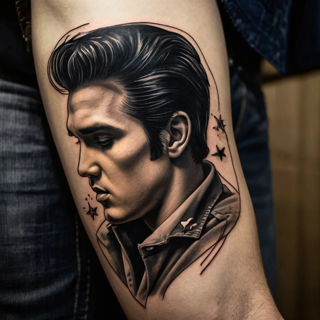 Realistic portrait tattoo of a man with slicked-back hair and thoughtful expression, accented by small stars.