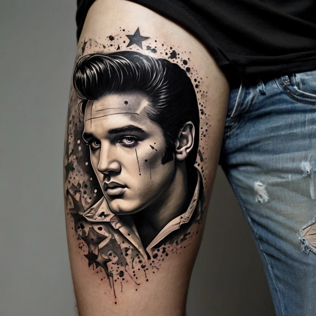 Realistic portrait tattoo with splatter effects and stars, featuring a person in vintage attire, on the upper thigh.