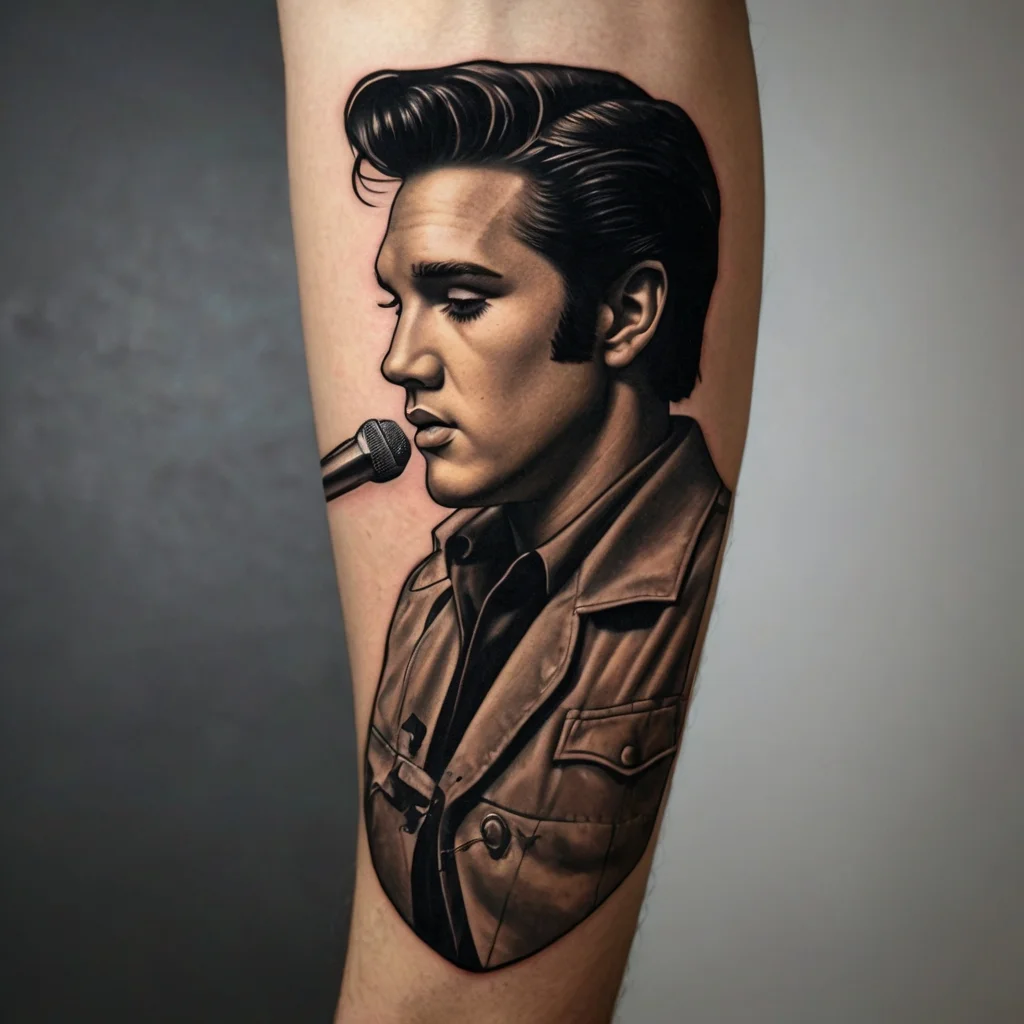 Realistic portrait tattoo of a singer in a jacket, holding a microphone with slicked-back hair and a focused expression.