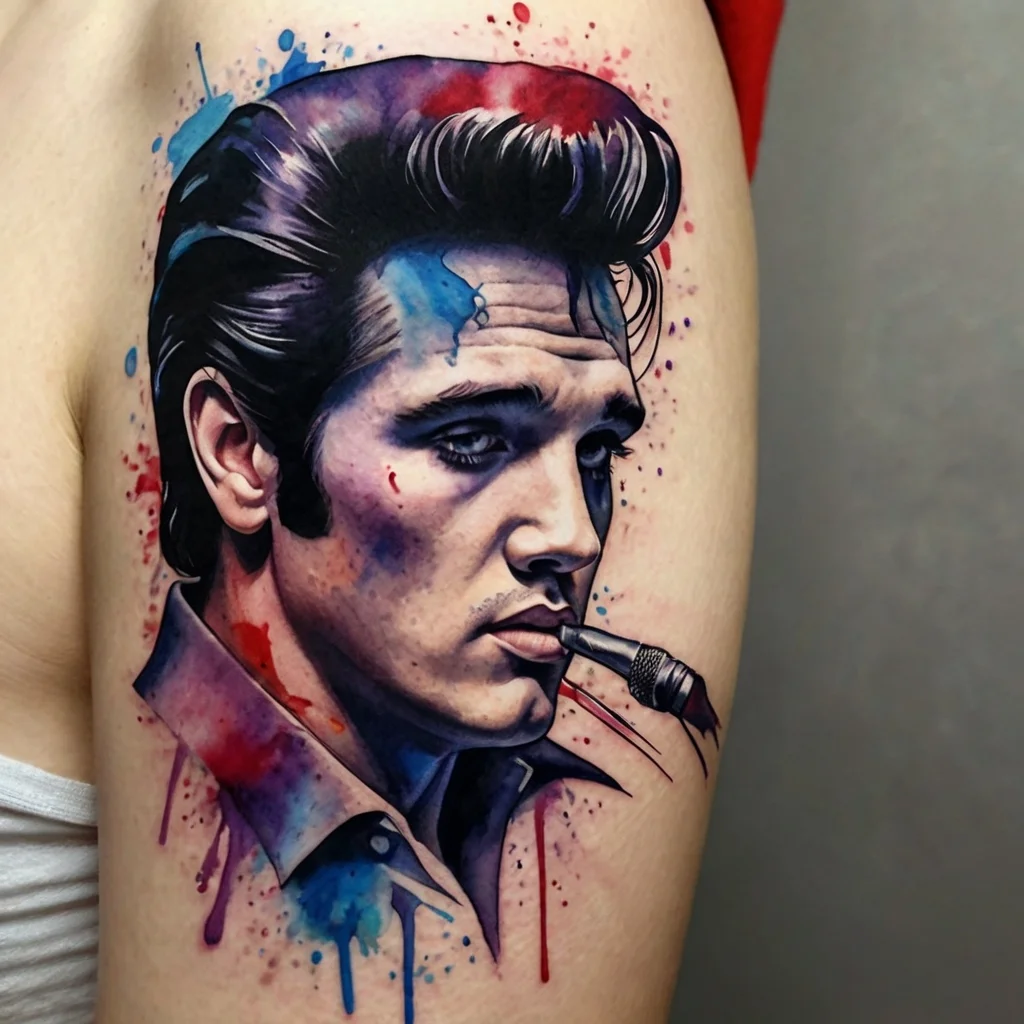 Realistic portrait tattoo of a man with colorful splashes, depicting a classic hairstyle and holding a microphone.