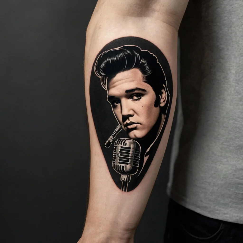 Black and gray tattoo of a vintage musician with a pompadour hairstyle, holding a classic microphone, on forearm.