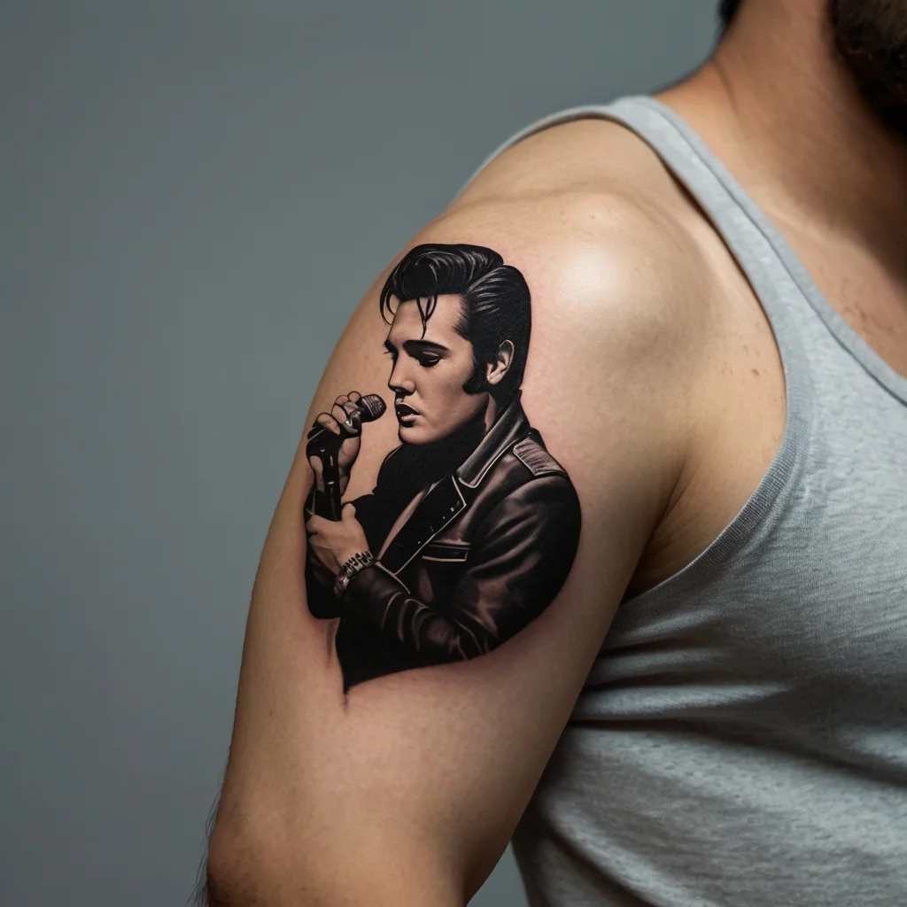 Realistic black-and-gray tattoo of a classic singer with a mic on arm, detailed shading and iconic hairstyle.