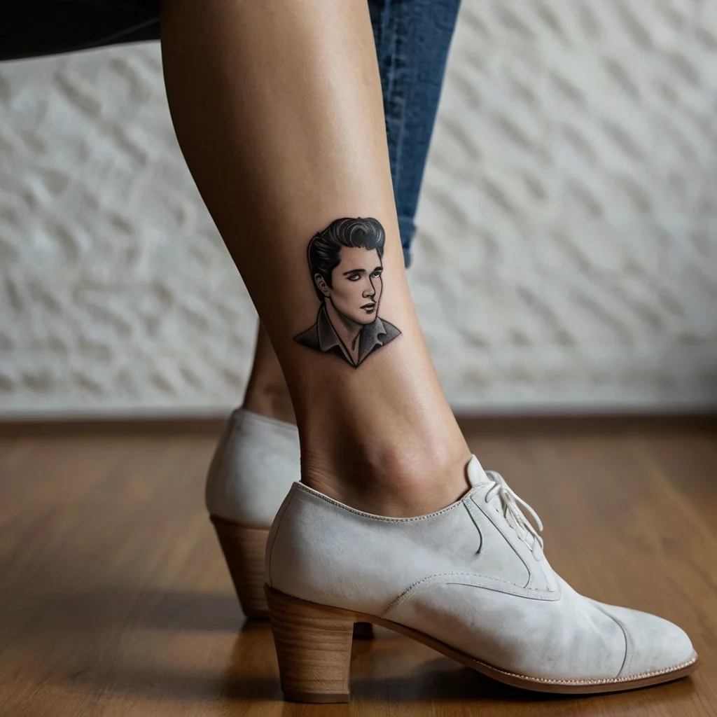 Black and gray realistic tattoo of a classic icon’s portrait on calf, capturing vintage style and elegance.