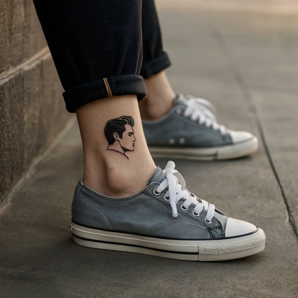 Side ankle tattoo of a stylized male profile with slicked-back hair, showcasing bold linework and clean details.