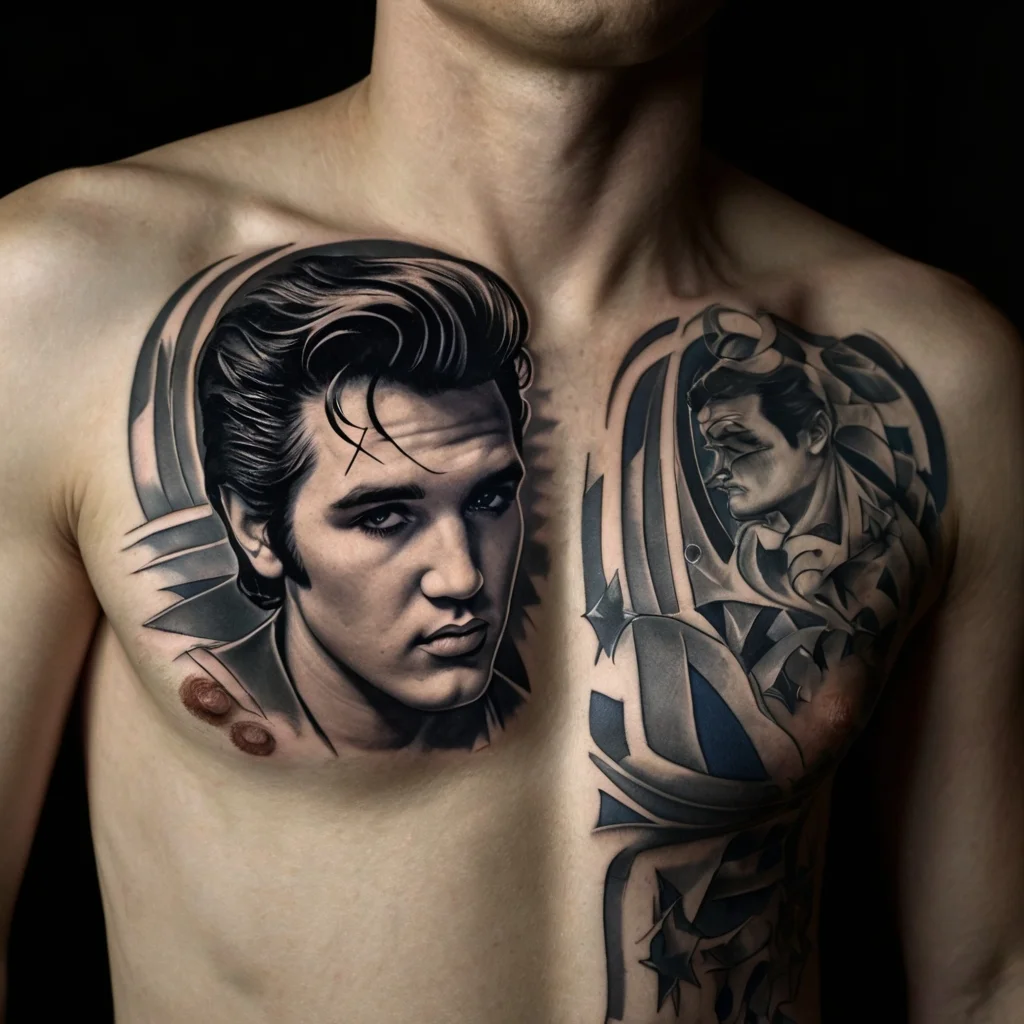 Black and grey realistic portrait tattoo on chest, featuring a man's face with geometric patterns and star motifs.