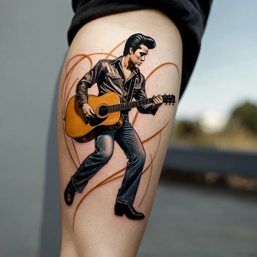 Tattoo of a man in leather playing a guitar, set against abstract swirls and a subtle heart backdrop.