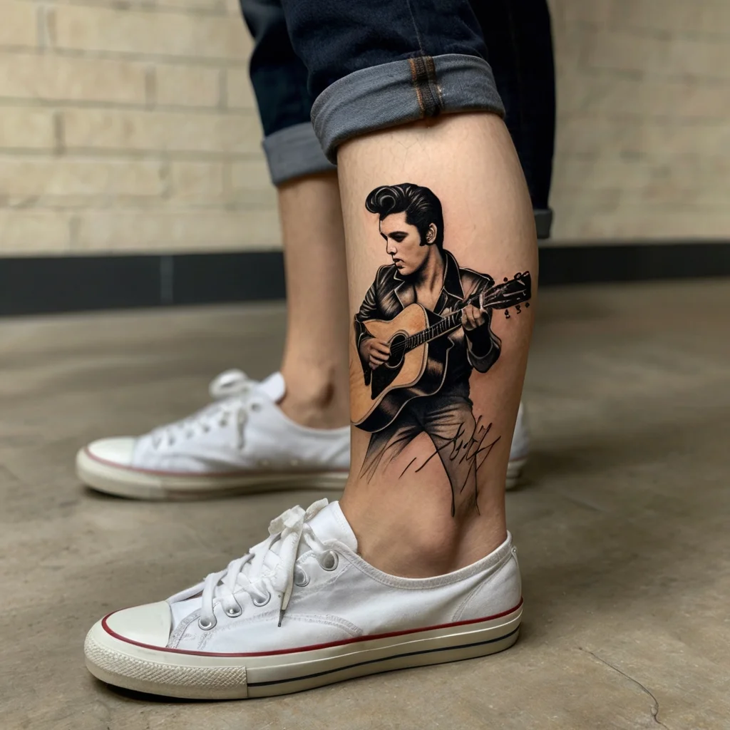 Realistic leg tattoo of a musician in black jacket, playing guitar, with detailed shading and signature underneath.