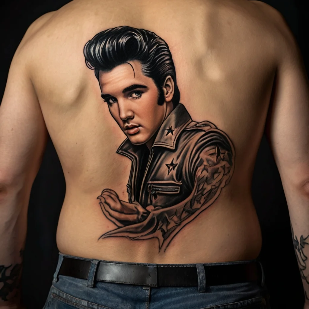 Tattoo of a retro-styled musician in a star-studded jacket covers the back, detailed with bold shading and lifelike features.