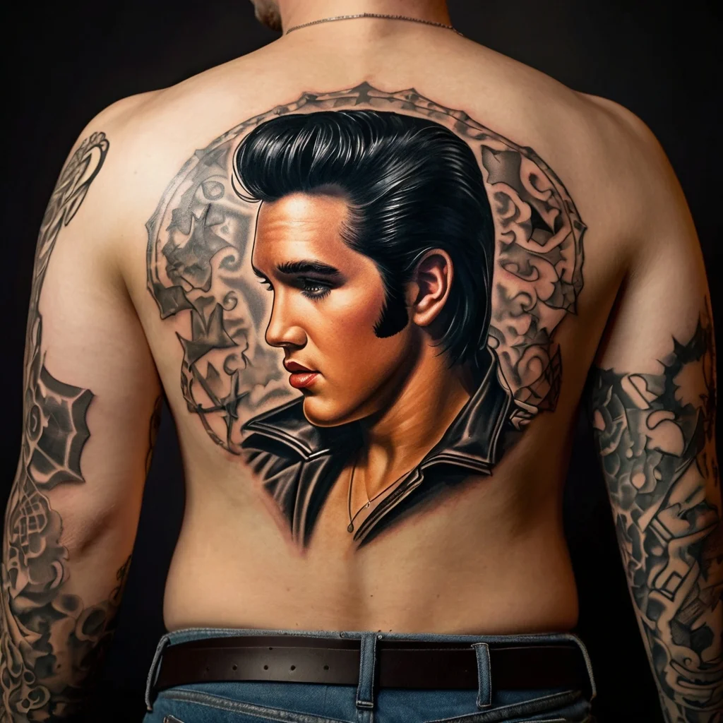 Realistic portrait tattoo of a man with a classic hairstyle, surrounded by intricate patterns on a person's back.