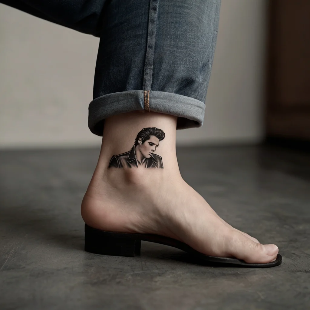 Portrait tattoo of a legendary rock 'n' roll figure with styled hair and leather jacket, placed on the inner ankle.